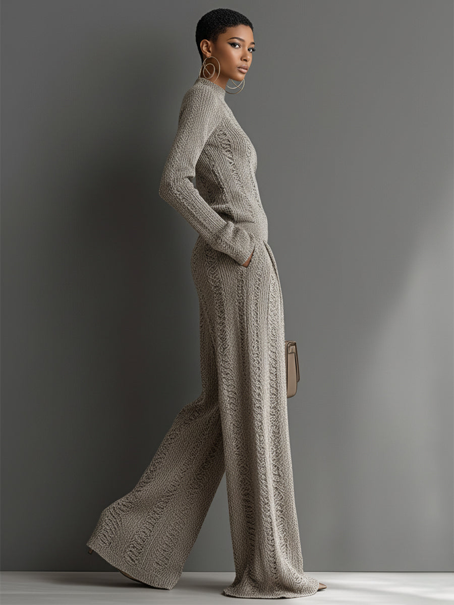 Elegant Textured Sweater Set in Top Color for Women with Wide Pants - MDA1453H6I