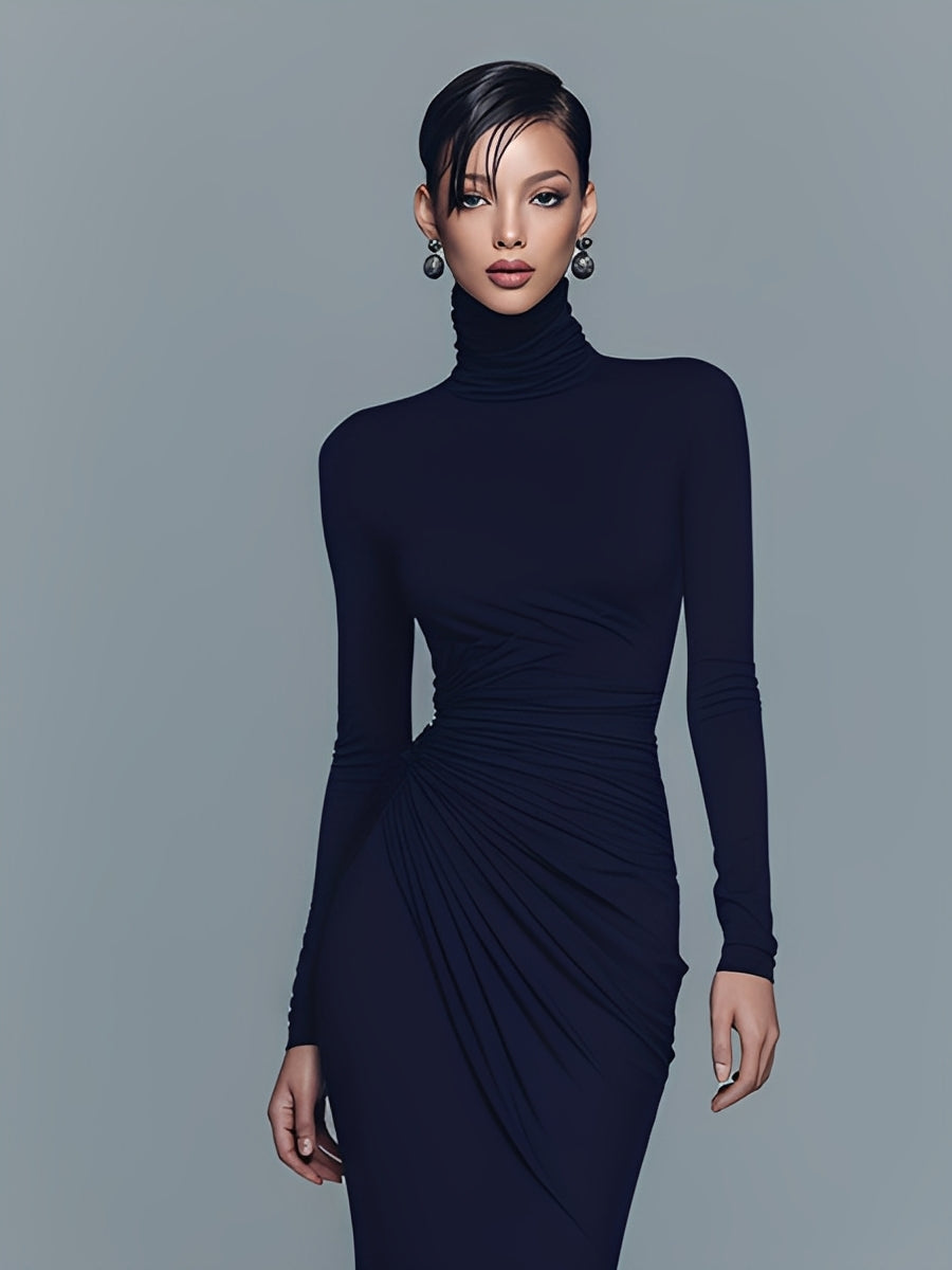 Navy Maxi Dresses for Women Made of Elegant Polyester-Cotton with High Collar MDA1742J1I