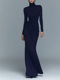 Navy Maxi Dresses for Women Made of Elegant Polyester-Cotton with High Collar MDA1742J1I