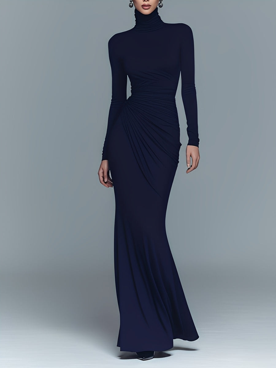 Navy Maxi Dresses for Women Made of Elegant Polyester-Cotton with High Collar MDA1742J1I