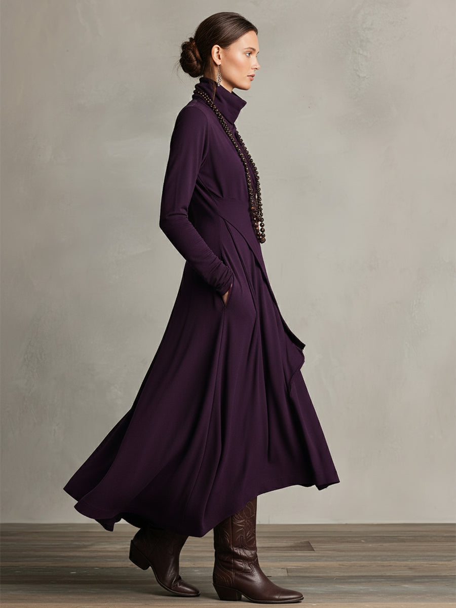 Purple Velvet Maxi Dress for Women with High Collar, Asymmetrical and Designed MDA2055J9I