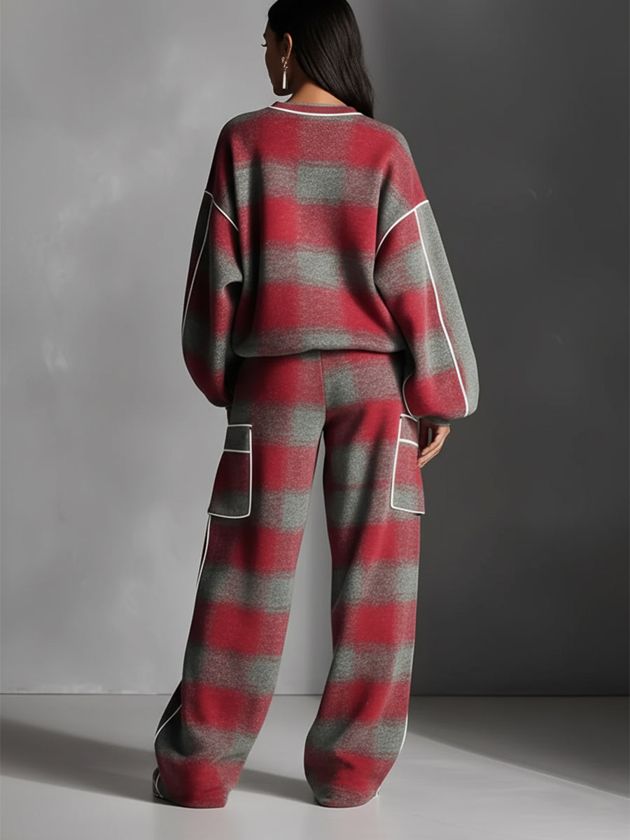 Women's Street Style Pants Set with Colorful Piping in Red and Gray with Linen MDA1065K4I
