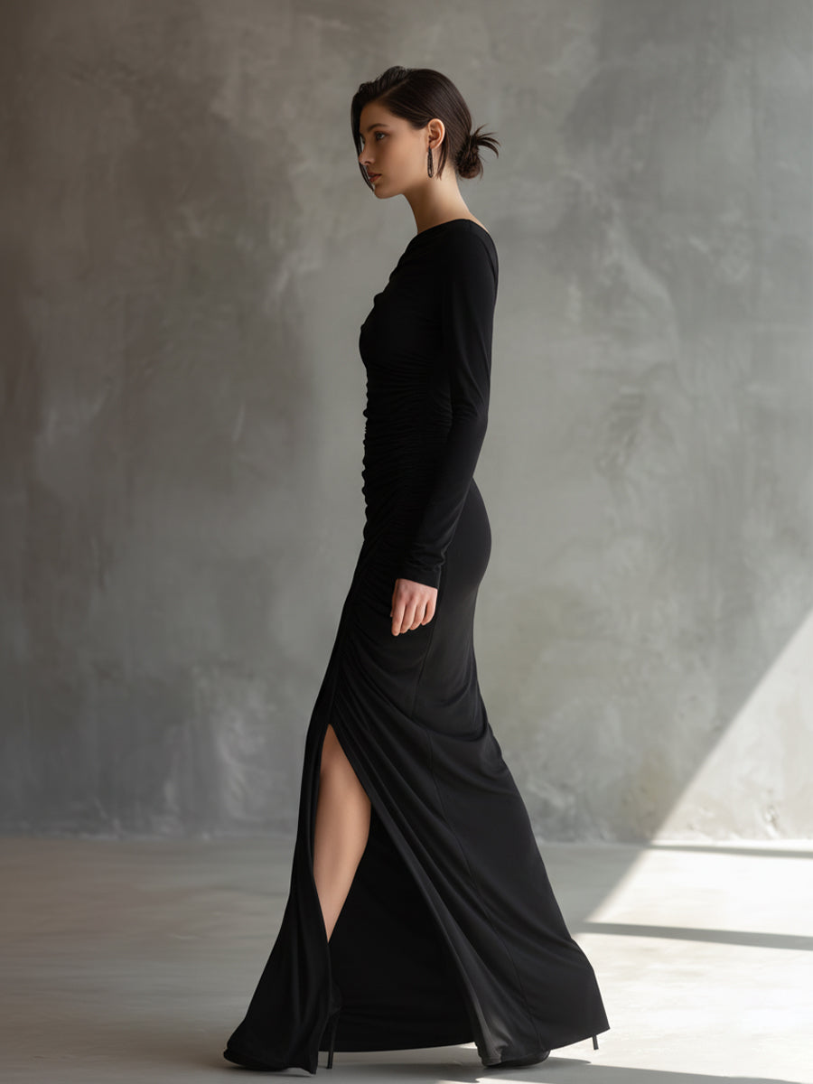 Elegant Black Maxi Dresses for Women with Exposed Shoulders and Rips MDA2125H9I