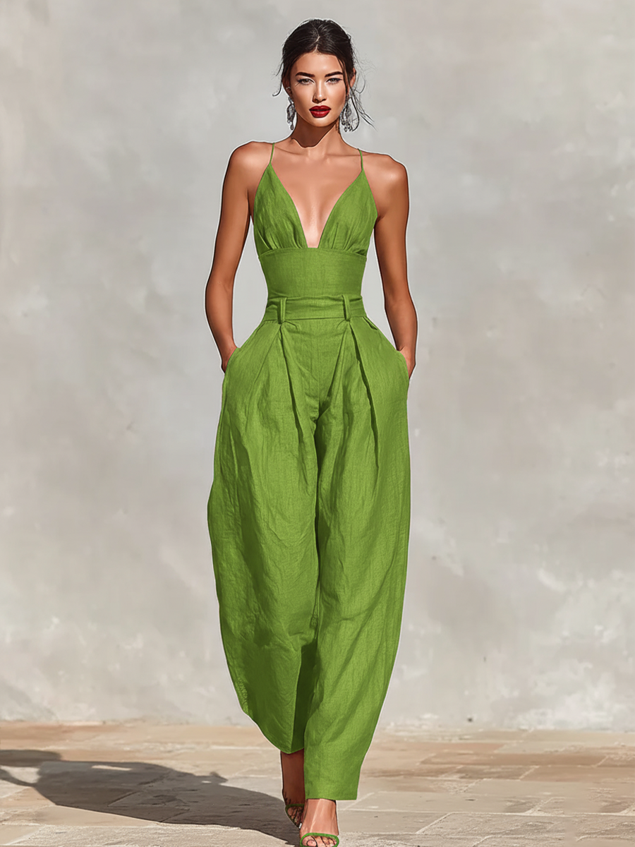 Red Linen Jumpsuit for Women with Spaghetti Straps and High-Waisted Shorts, Timeless Romantic-Elegant Style MDZ1915C8I