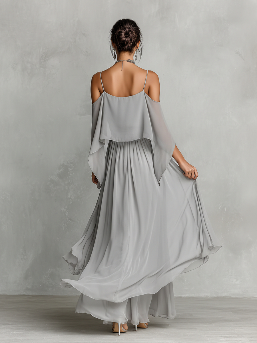 Gray chiffon set for women with cold shoulder details and an A-line silhouette, luxurious modern-feminine style MDZ2651B6I