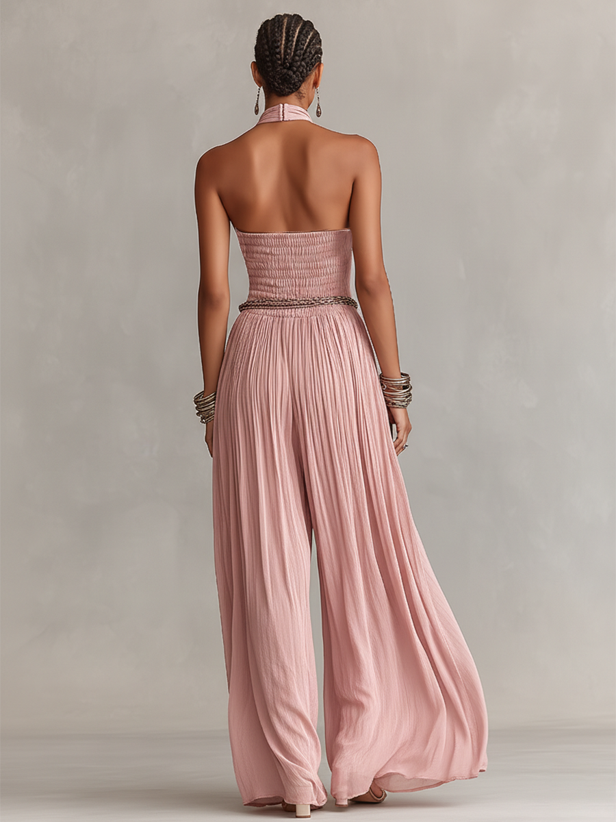 Women's bodysuit in blush color with a choker collar and wrinkled waist, timeless romantic-elegant style (without belt) MDZ1133B7I