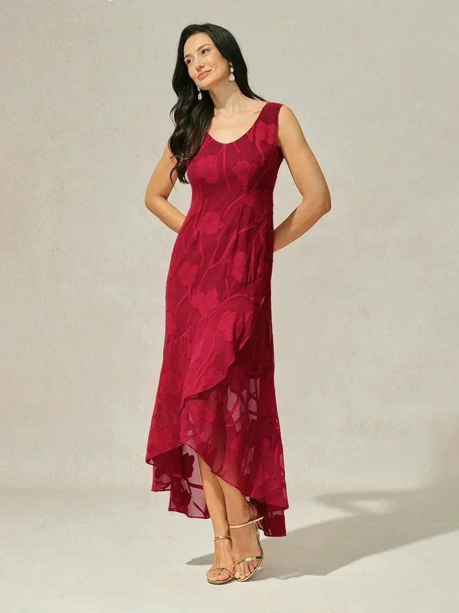 Sleeveless Evening Dress in Floral Chiffon with Asymmetrical Hem
