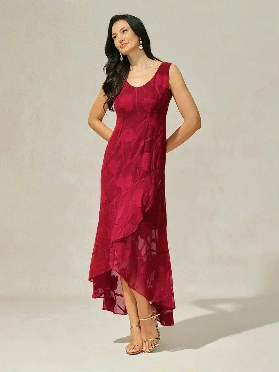 Sleeveless Evening Dresses Made of Floral Chiffon with Asymmetrical Hem