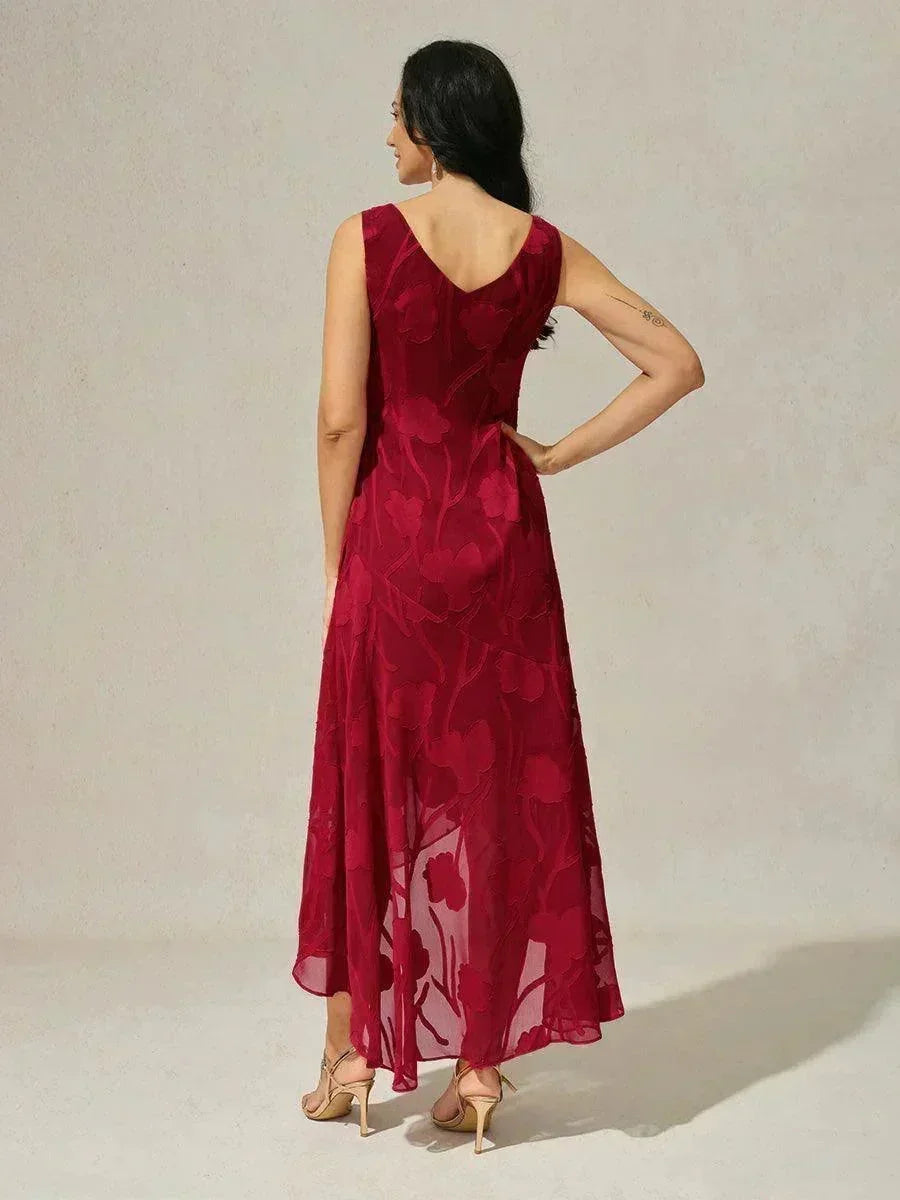 Sleeveless Evening Dress in Floral Chiffon with Asymmetrical Hem
