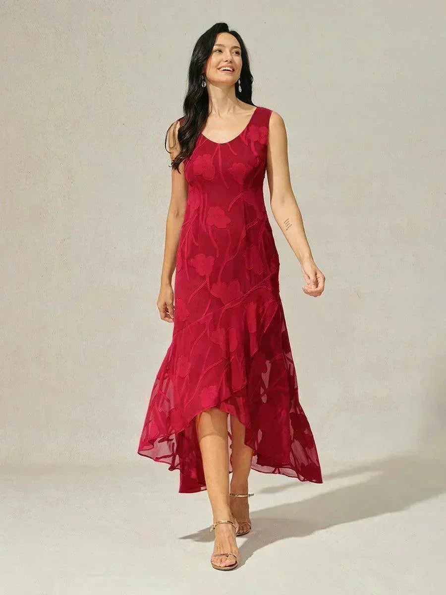 Sleeveless Evening Dresses Made of Floral Chiffon with Asymmetrical Hem
