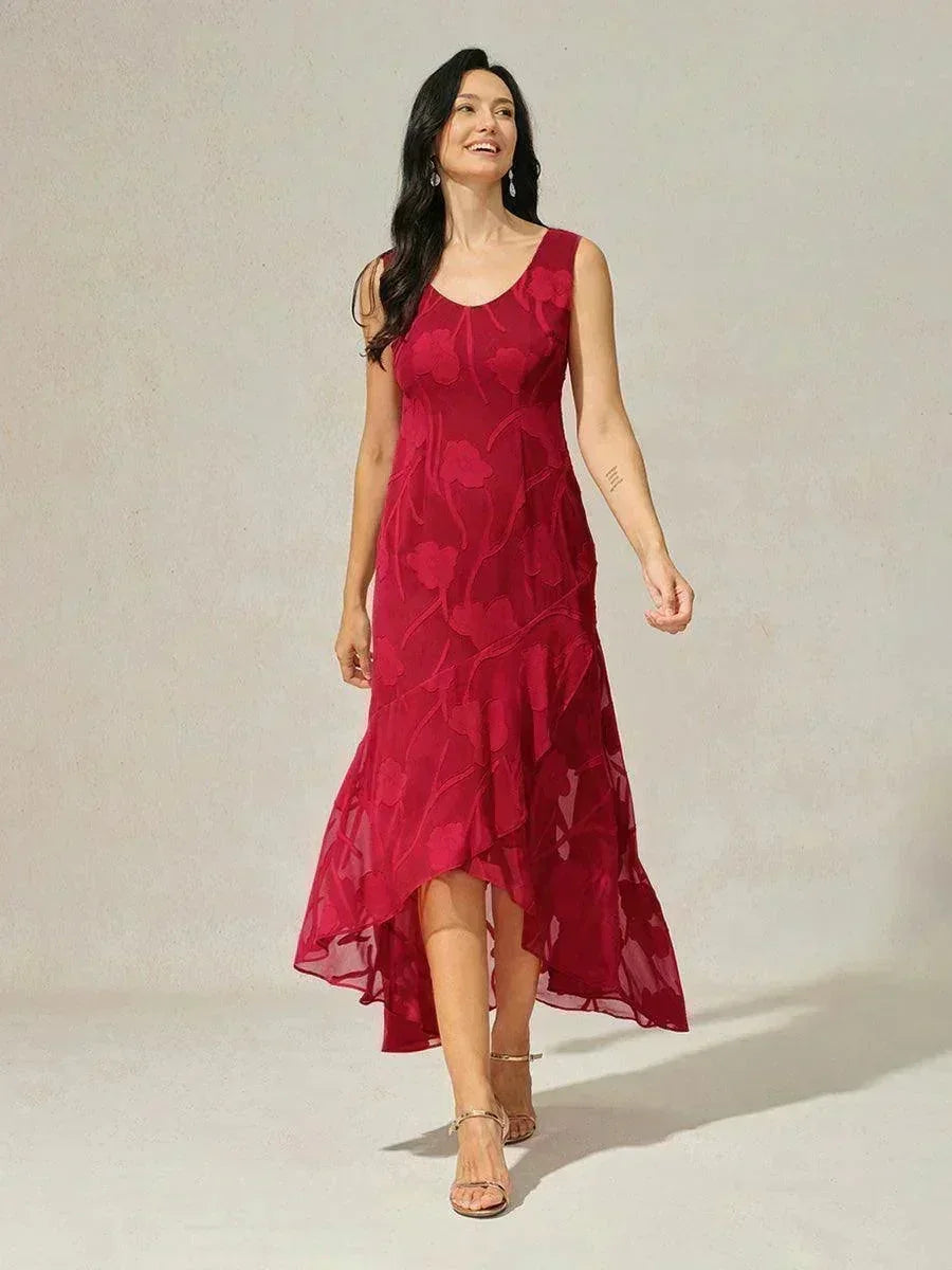 Sleeveless Evening Dress in Floral Chiffon with Asymmetrical Hem