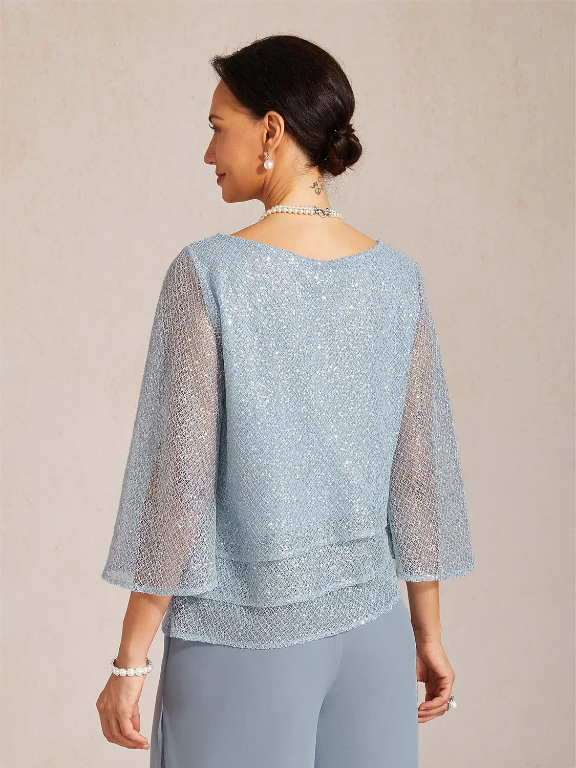 Layered mesh top with sequins and bell-shaped sleeves