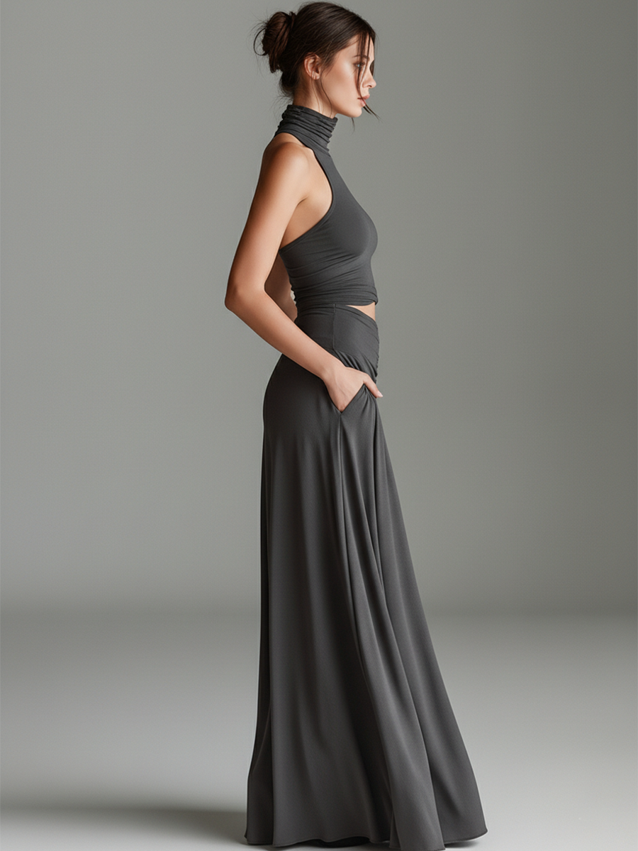 Dark Gray Women's Stretch Dress with High Collar and Waist Cut, Timeless Elegant Minimalist Style MDZ0960B2I