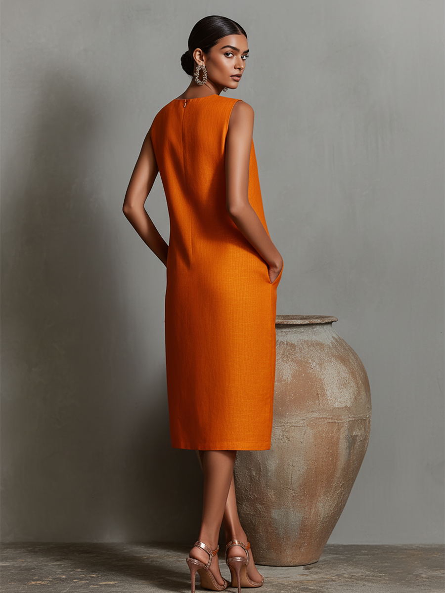 Orange Linen Dress for Women with Round Neck, Sleeveless, and Side Pockets, Timeless Minimalist-Elegant Style MDZ2851C7I