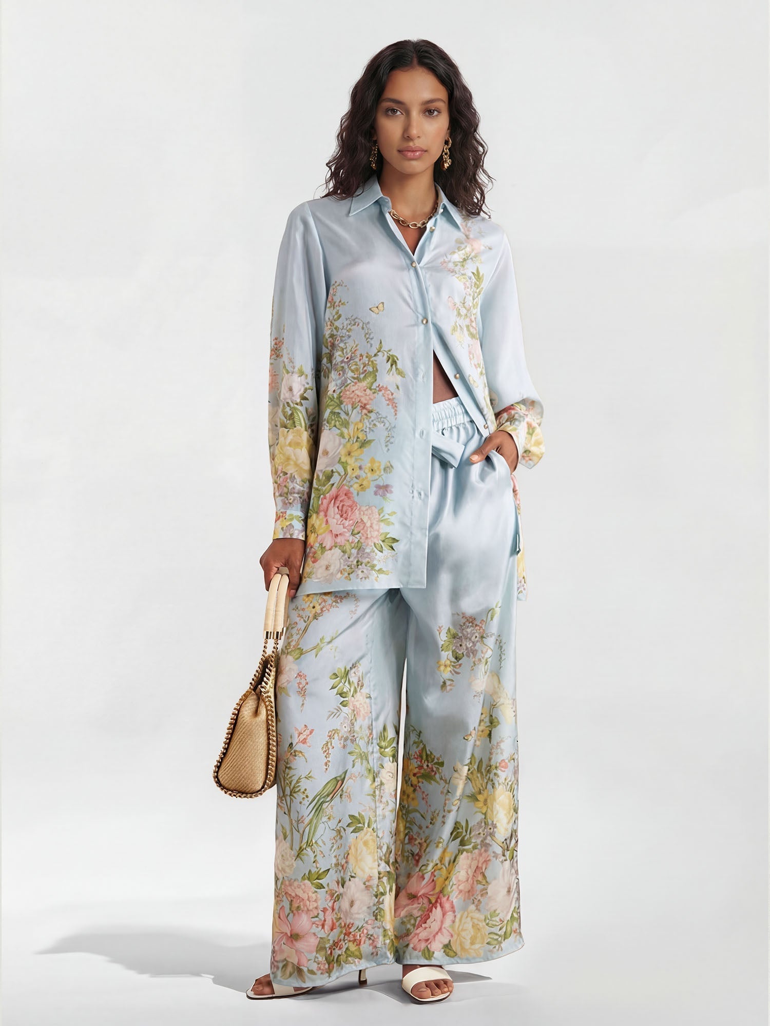 Wide Leg Pants with Pastel Floral Print