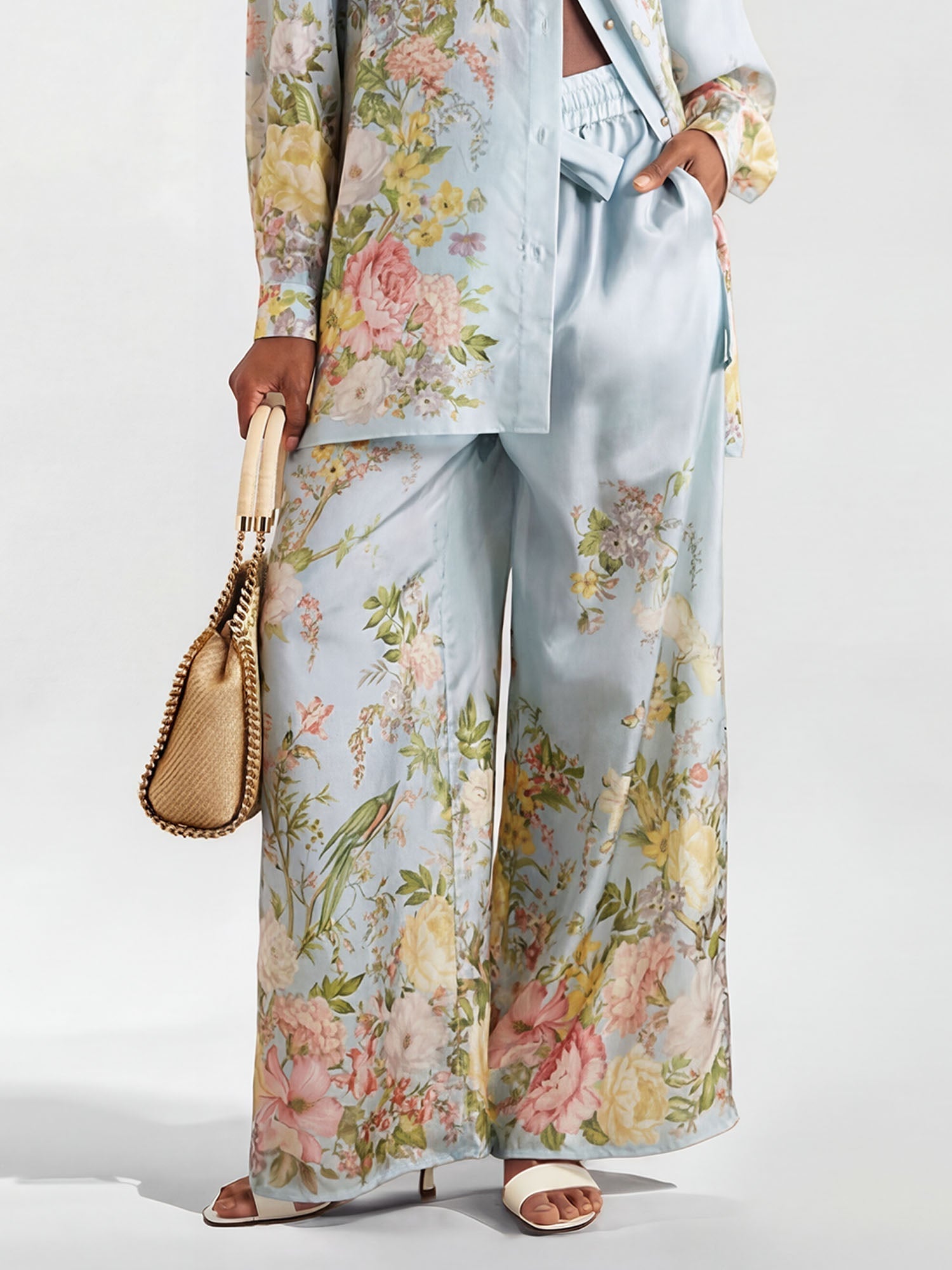 Wide Leg Pants with Pastel Floral Print