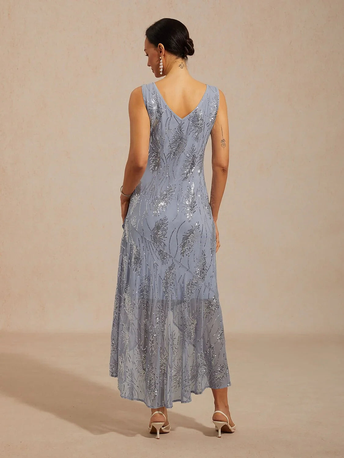 A-Line Sleeveless Maxi Dress with Sequins Overlay