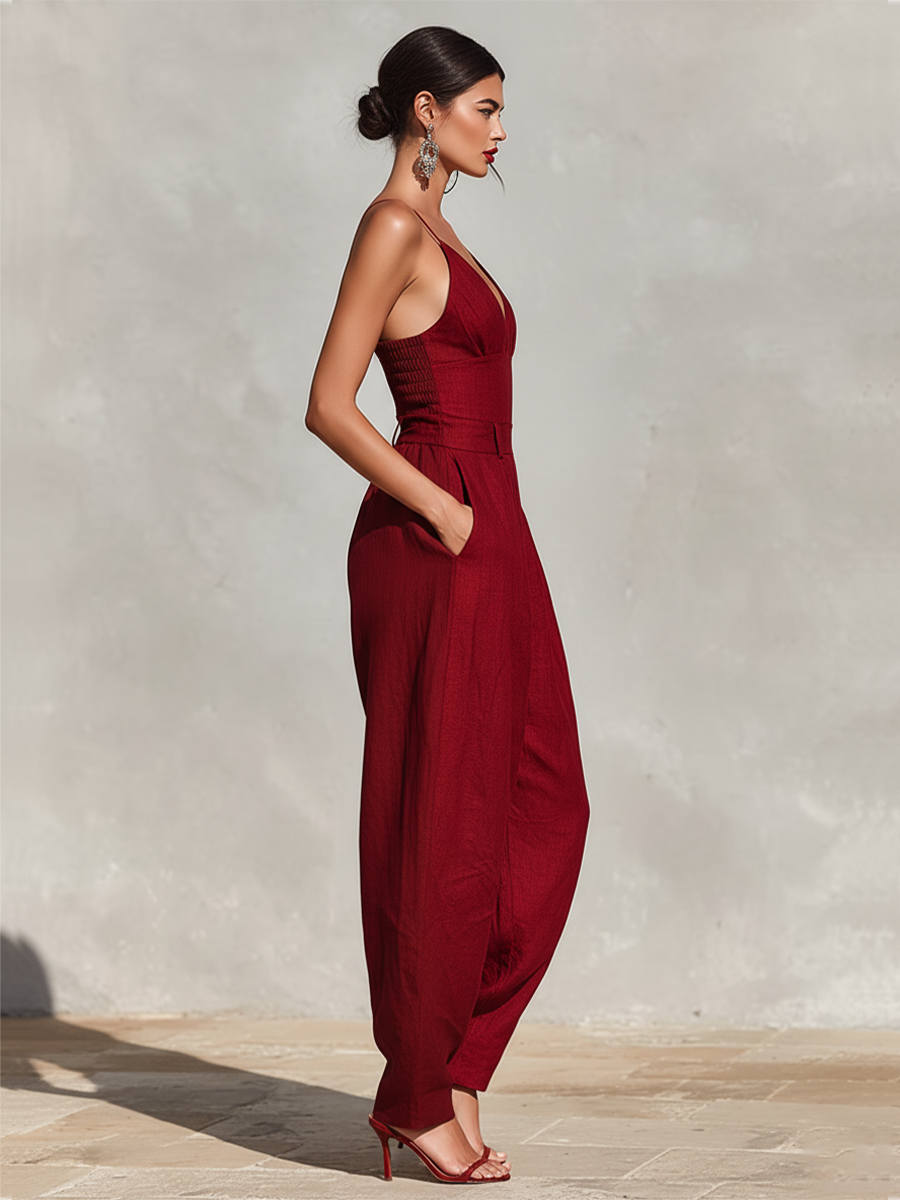 Red Linen Jumpsuit for Women with Spaghetti Straps and High-Waisted Shorts, Timeless Romantic-Elegant Style MDZ1915C8I