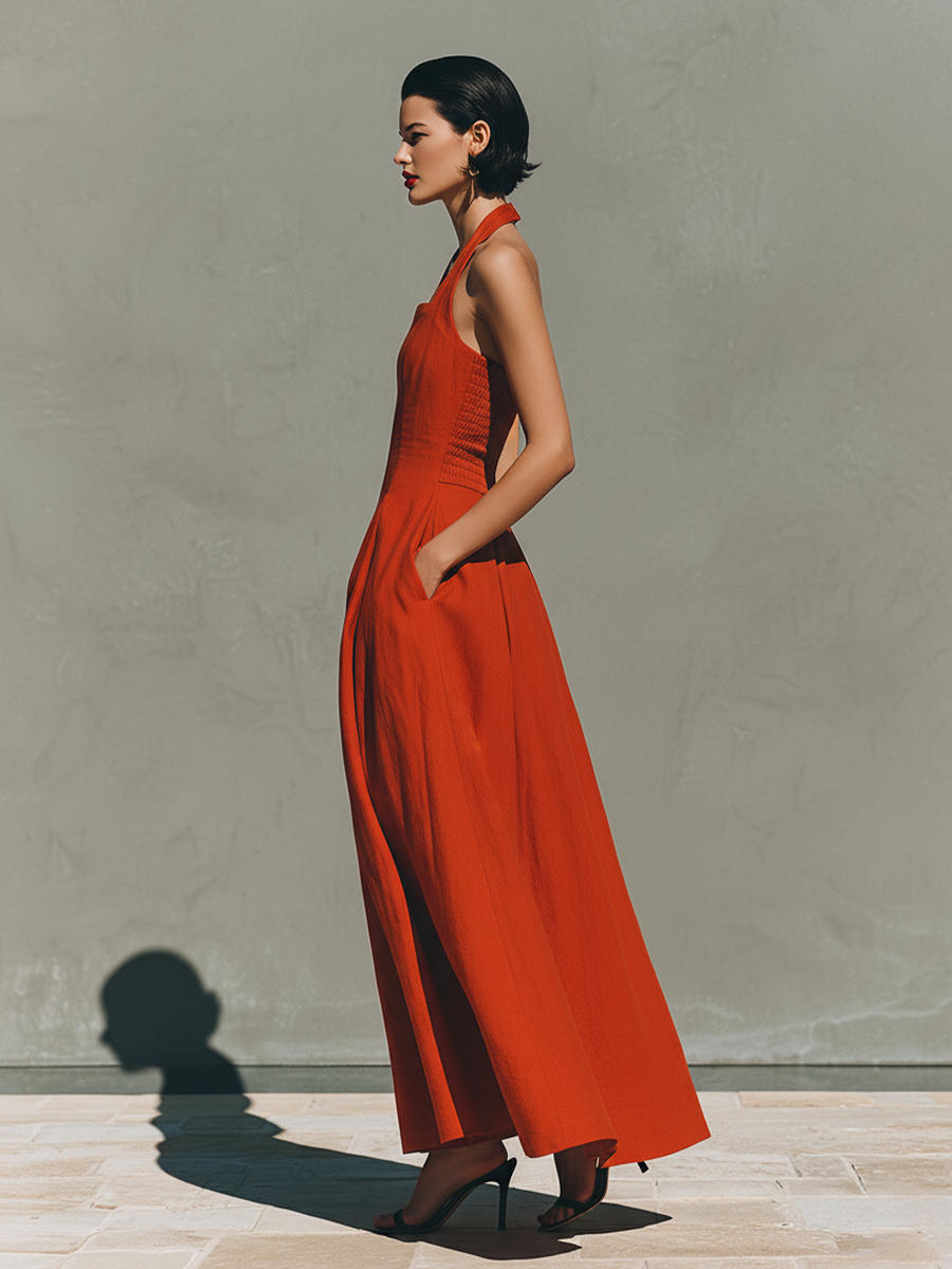 Red Women's Maxi Dresses Made of Linen with Halter Neckline and Pleated Skirt, Elegant and Inspiring Vacation Dress MDZ2016C7I