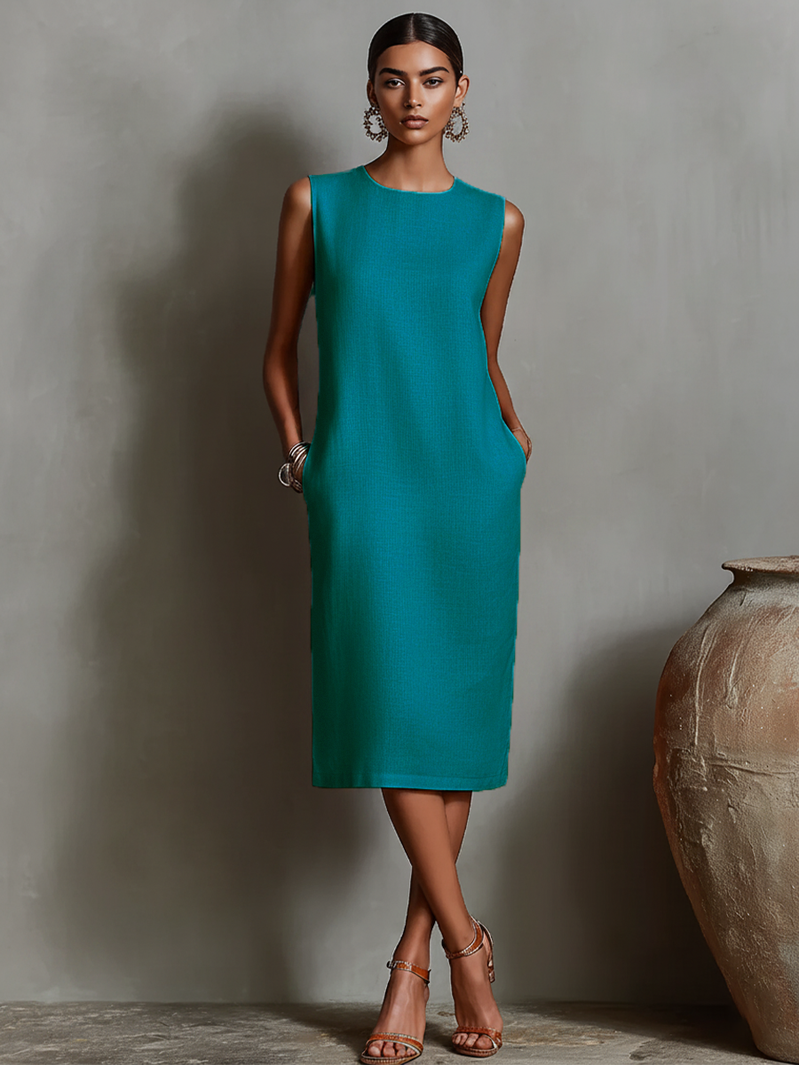 Orange Linen Dress for Women with Round Neck, Sleeveless, and Side Pockets, Timeless Minimalist-Elegant Style MDZ2851C7I