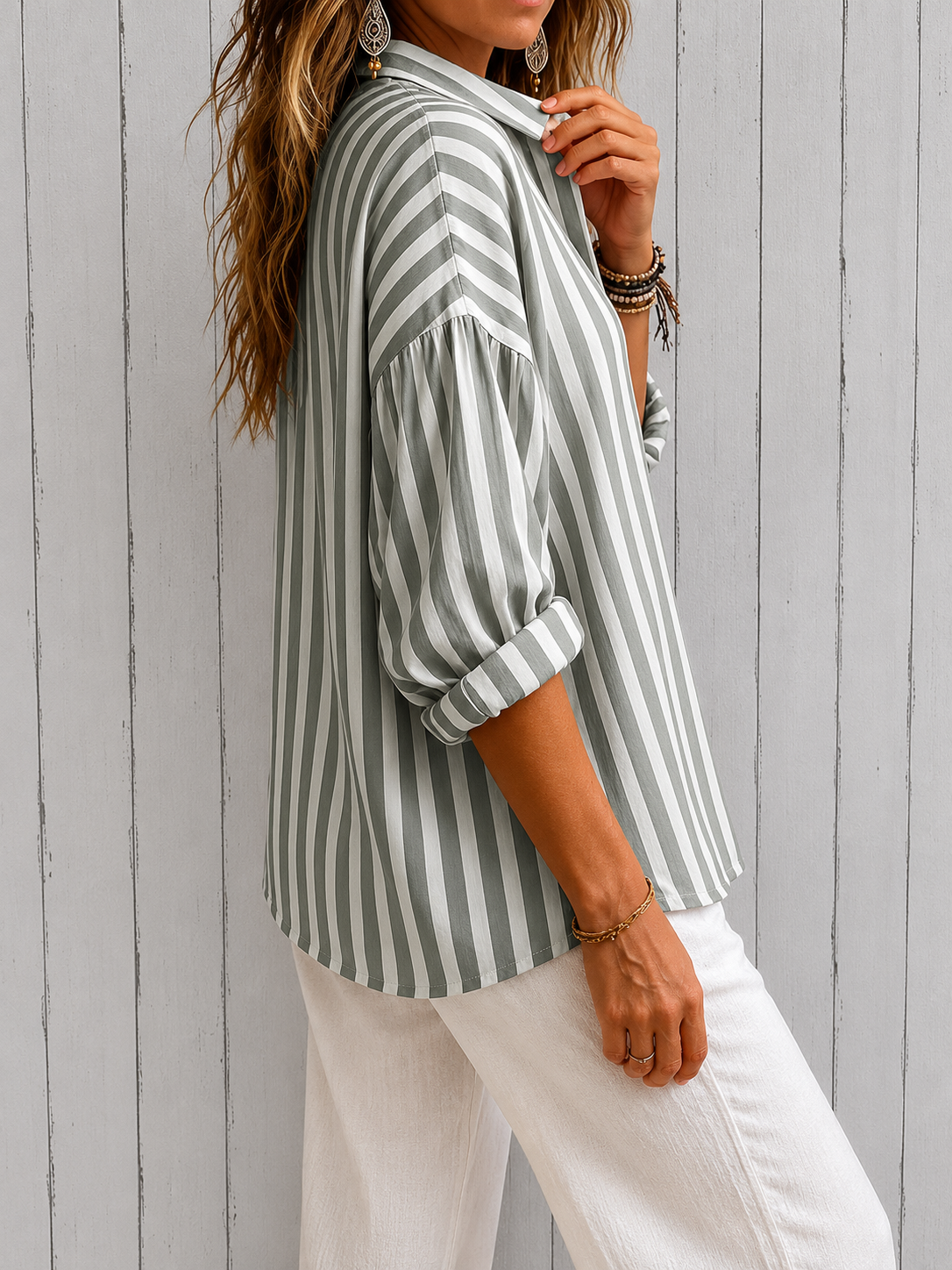 Shirt | Loose Blouse with Stripes and Collar