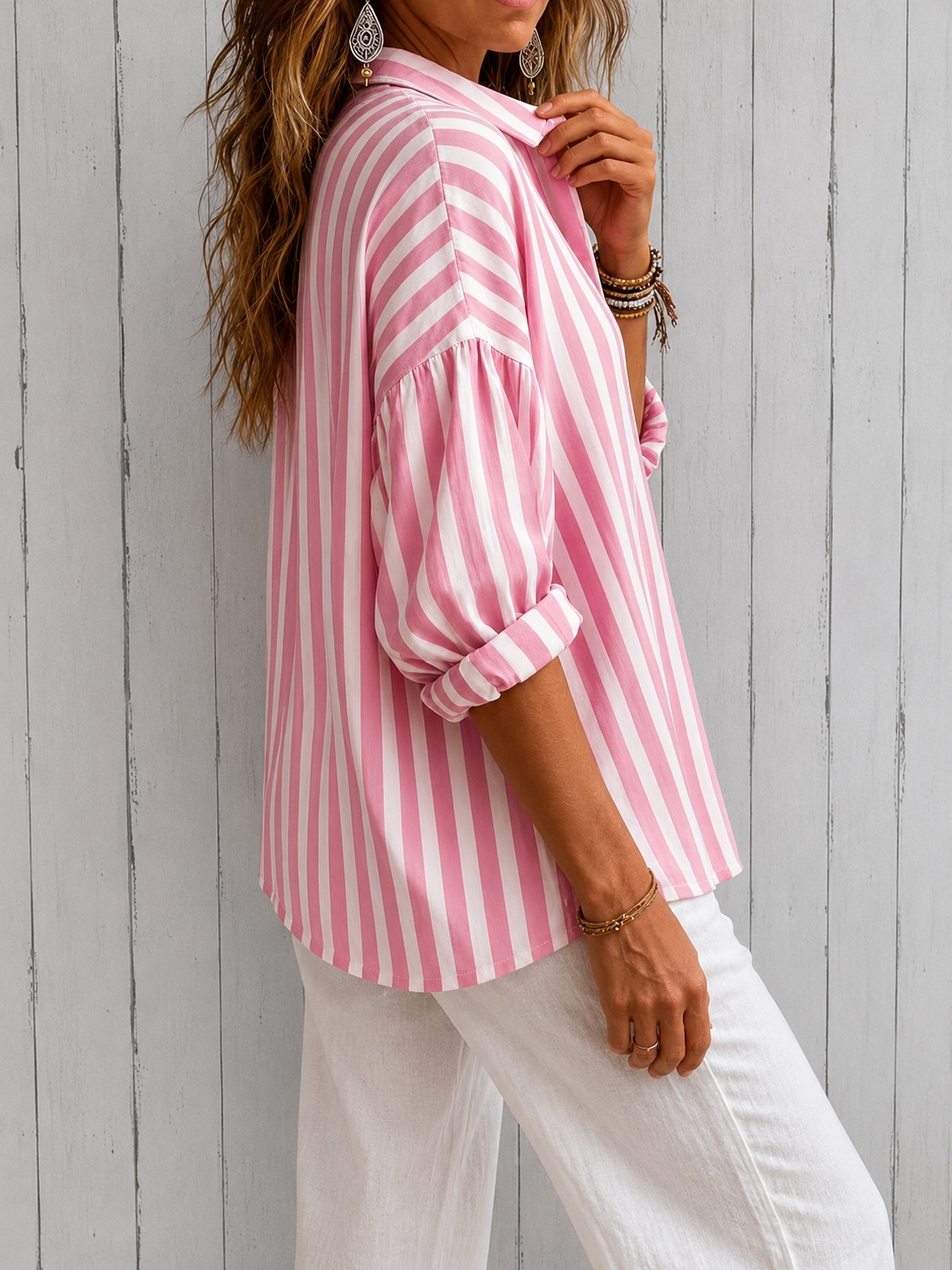 Shirt | Loose Blouse with Stripes and Collar